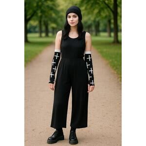 Music Legs Cross Design Arm Warmers Gothic Sleeves Motif O/S Blk White Thumbhole